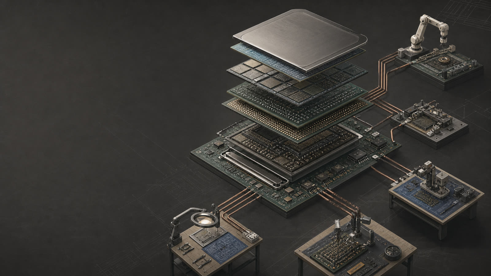 Exploded and inspectable CPU compute stack connected to engineering workbenches
